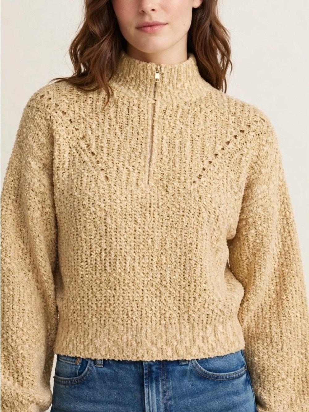 Women's BouclΓ© Half-Zip Crew Sweater in Beige